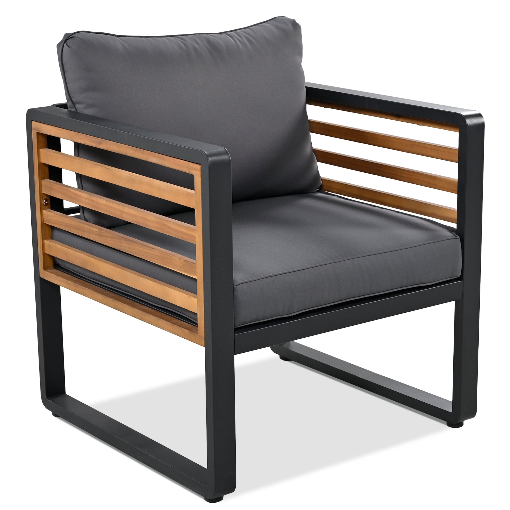 GO Large Size 4-pieces Outdoor Furniture sofa for 5 Person Conversation Set, Garden Sofa Set With Removable Cushion, Metal And Wood Frame Sofa set, Thick Cushions, Acacia Wood Tabletop, Gray
