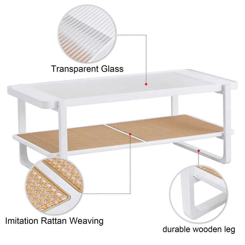 Modern minimalist white double layered solid wood coffee table. Glass tabletop, imitation rattan  edge table. Rectangular table suitable for living room, dining room, and bedroom