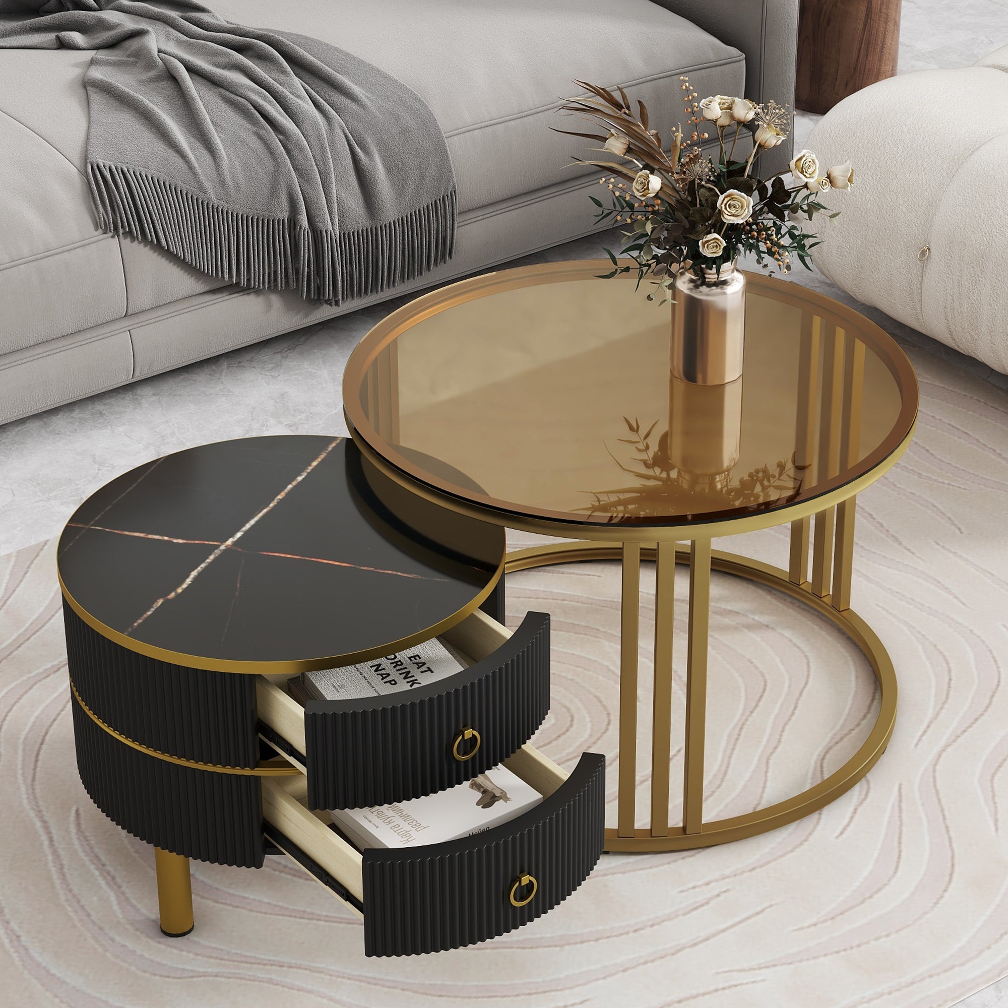 ON-TREND Φ27.5'' & Φ19.6'' Stackable Coffee Table with 2 Drawers, Nesting Tables with Brown Tempered Glass and High Gloss Marble Tabletop, Set of 2, Round Center Table for Living Room, Black
