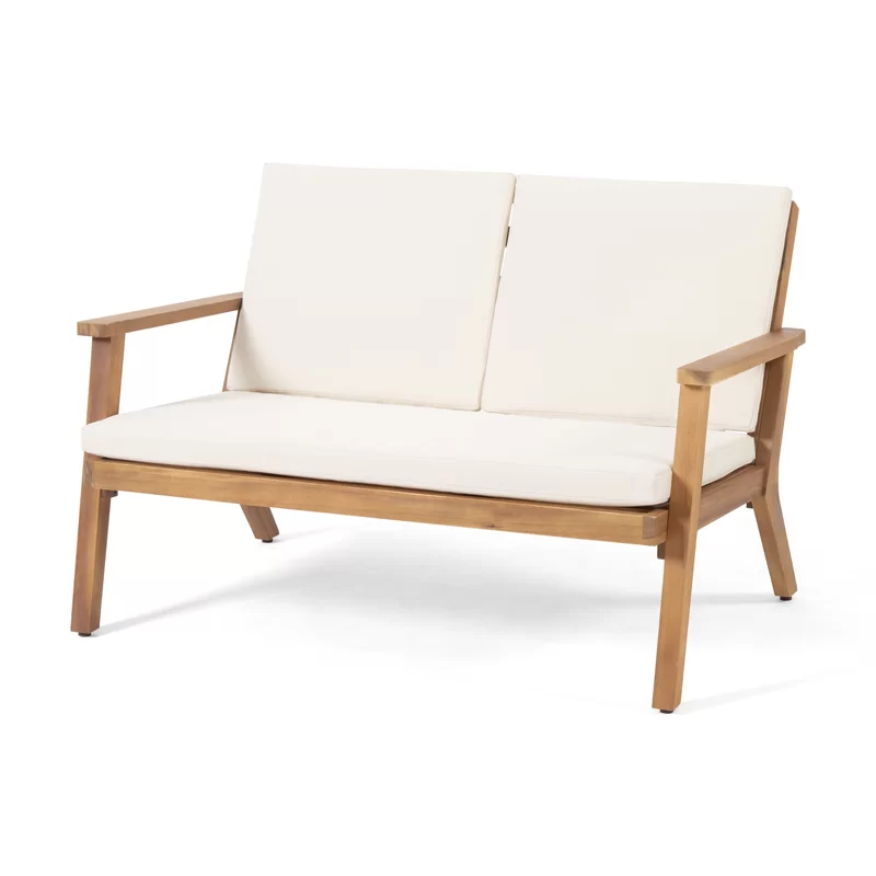 Temecula Outdoor Acacia Wood 4-Seater Chat Set_Loveseat&Coffee Table&2 Club Chairs - Brown Patina Finish + Cream Cushion