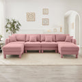 Boucle Fabric U Shape Sectional 4-seater Sofa Couch With Distinctive Shell-shaped Armrests And 2 Movable Ottomans,Cylindrical Legs Wrapped with Self-fabric,Pink Color