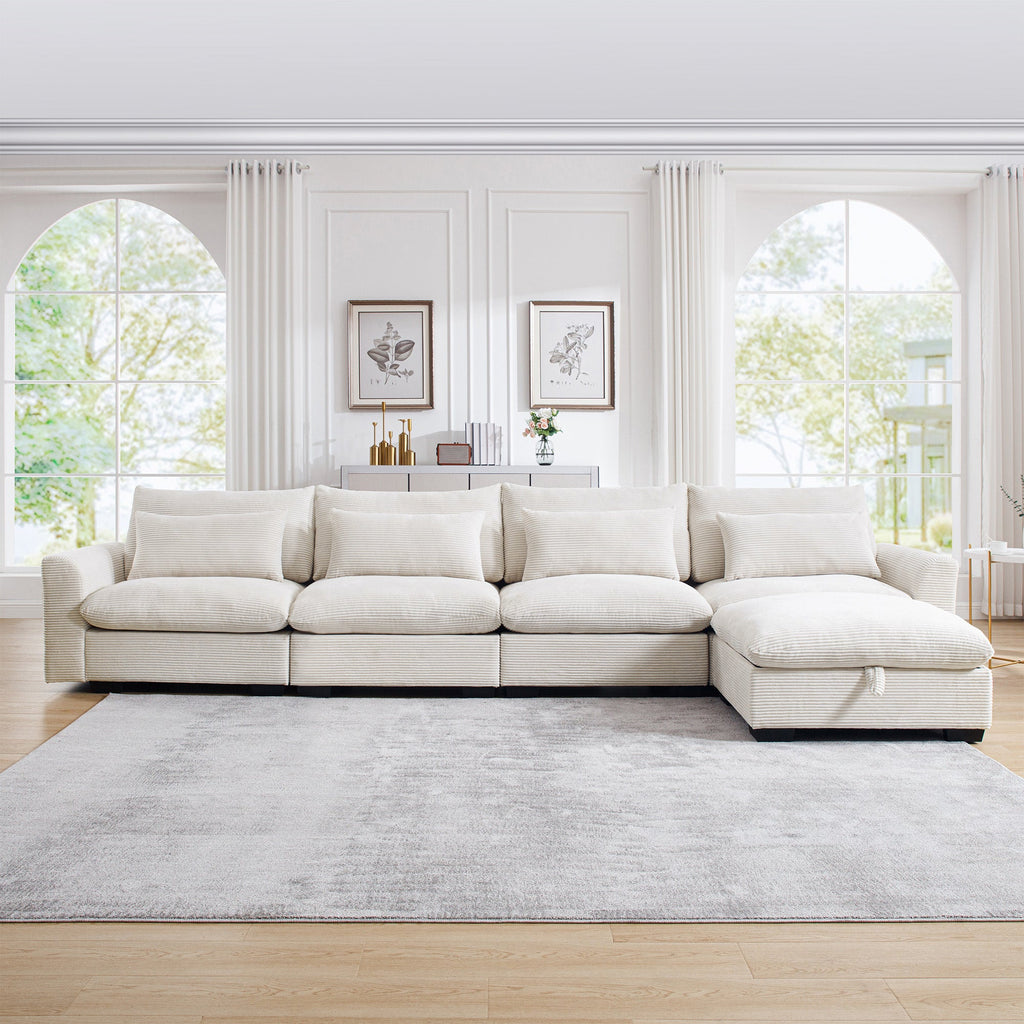 Large L Shape Sectional Corduroy Sofa,Deep Seat Couch with Storage Footstool and 4 Waist Pillows,Beige