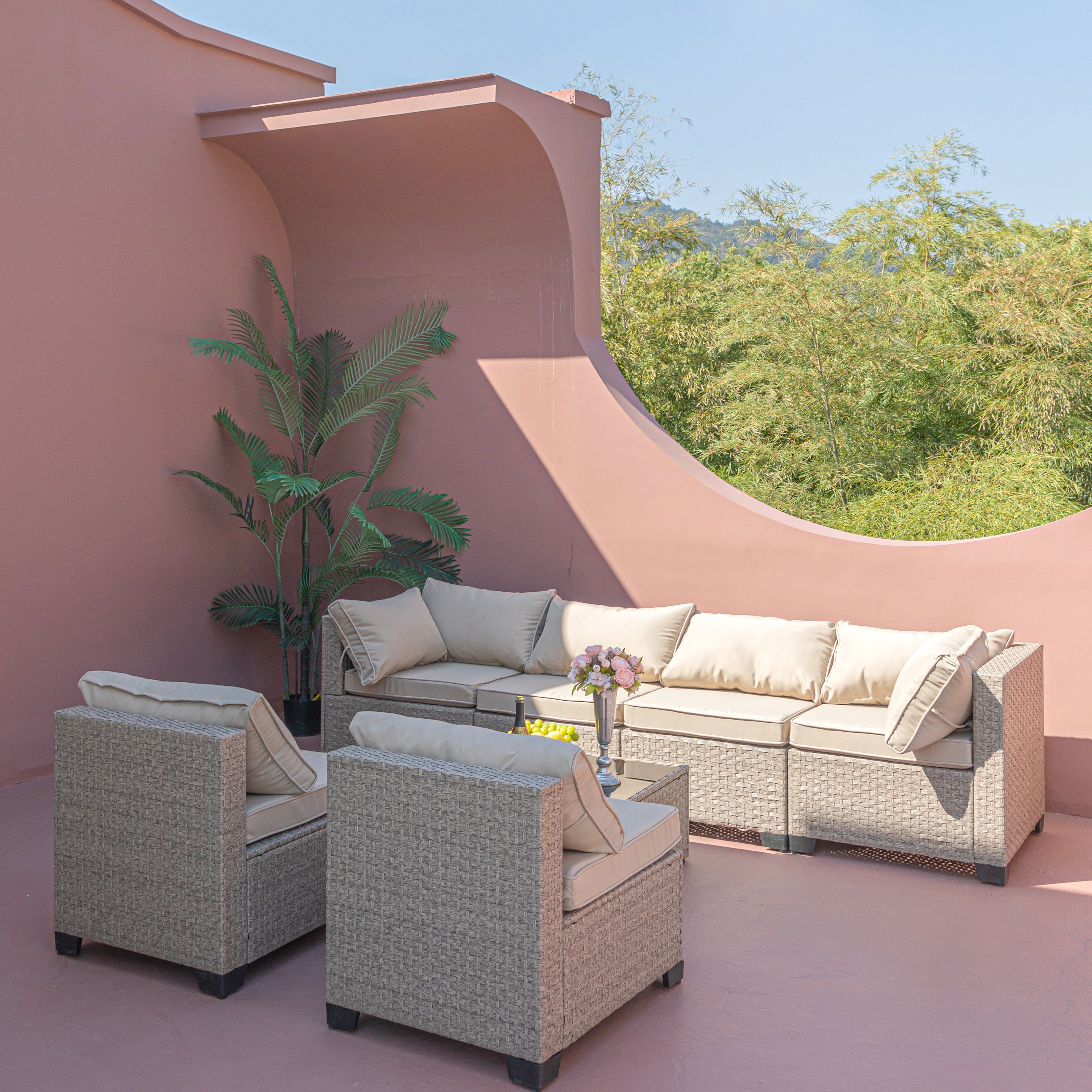 8-Piece Patio Furniture Set, All-Weather Boho Outdoor Conversation Set Sectional Sofa with Water Resistant Khaki Thick Cushions