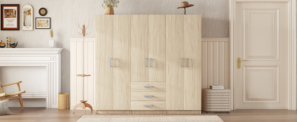 6-Doors Wooden Wardrobe Storage for Bedroom, with Big Drawers, Gray