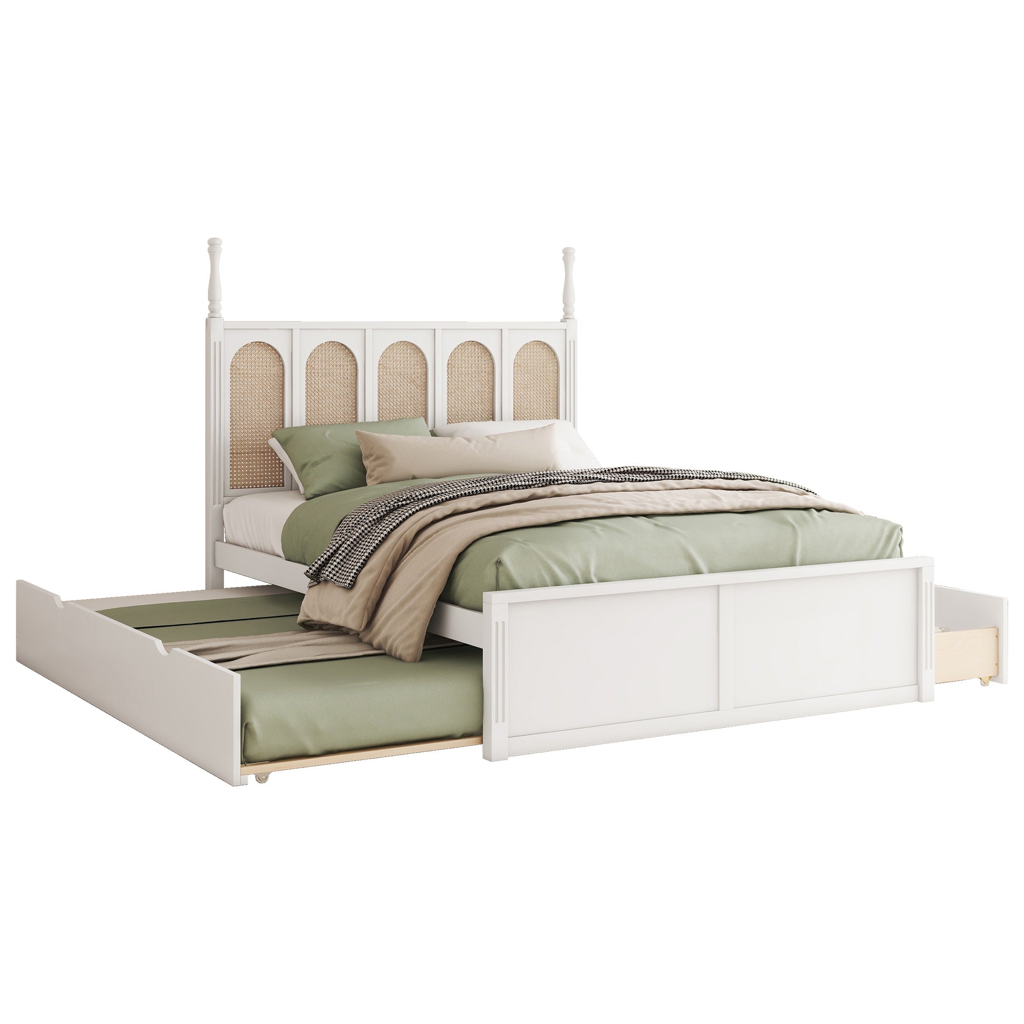 Queen Size Rattan Platform Bed With with 2 Big Drawers, T Size Trundle, White