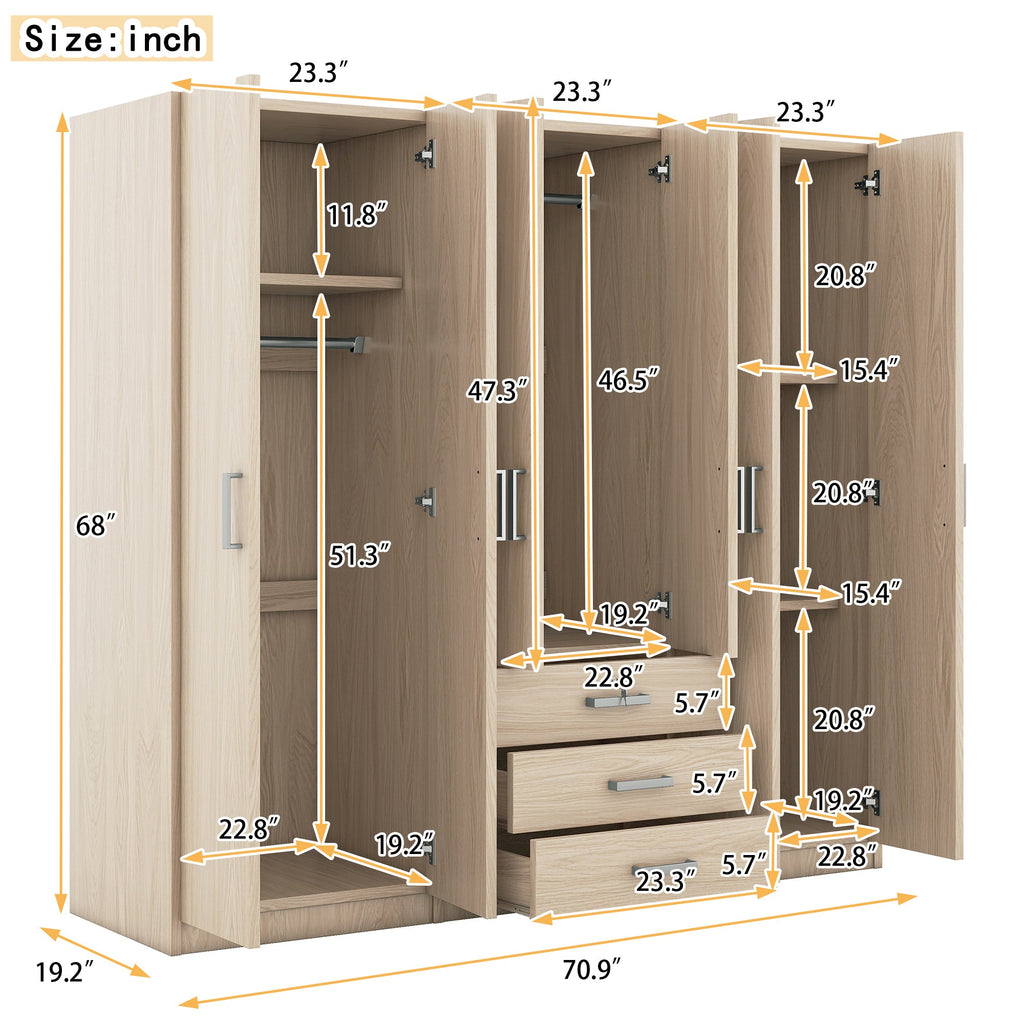 6-Doors Wooden Wardrobe Storage for Bedroom, with Big Drawers, Gray
