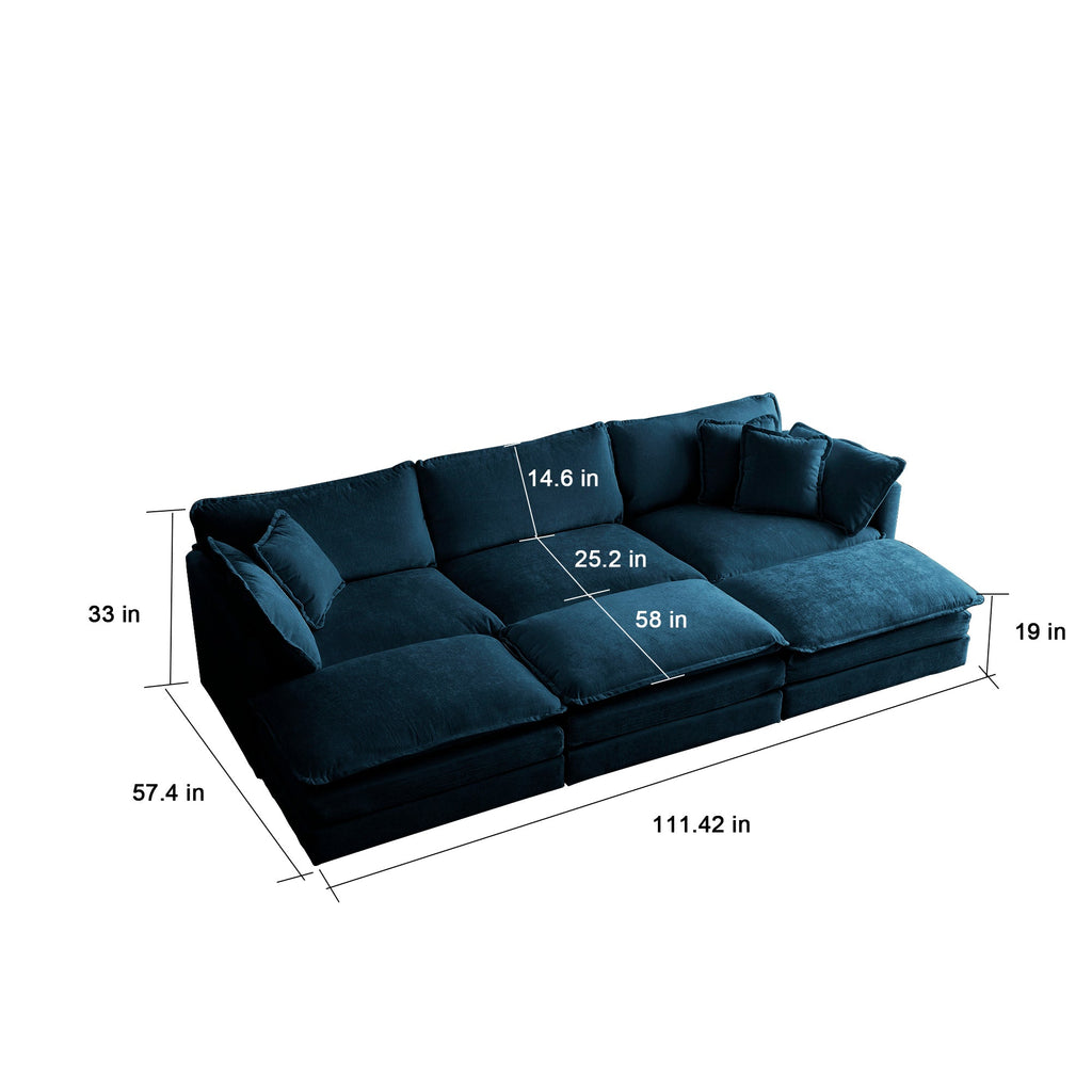 Comfortable Deep Seat Reversible Modular 6 Seater Sectional Super Soft Sofa U Shaped Sectional Couch with 3 Ottomans, 3 Toss Pillows and 2 Arm Pillows , Blue Chenille