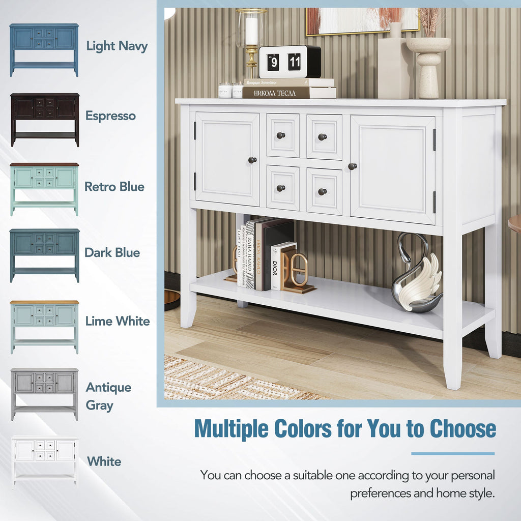 TREXM Cambridge Series  Ample Storage Vintage Console Table with Four Small Drawers and Bottom Shelf for Living Rooms, Entrances and Kitchens (White, OLD SKU: WF190263AAA)