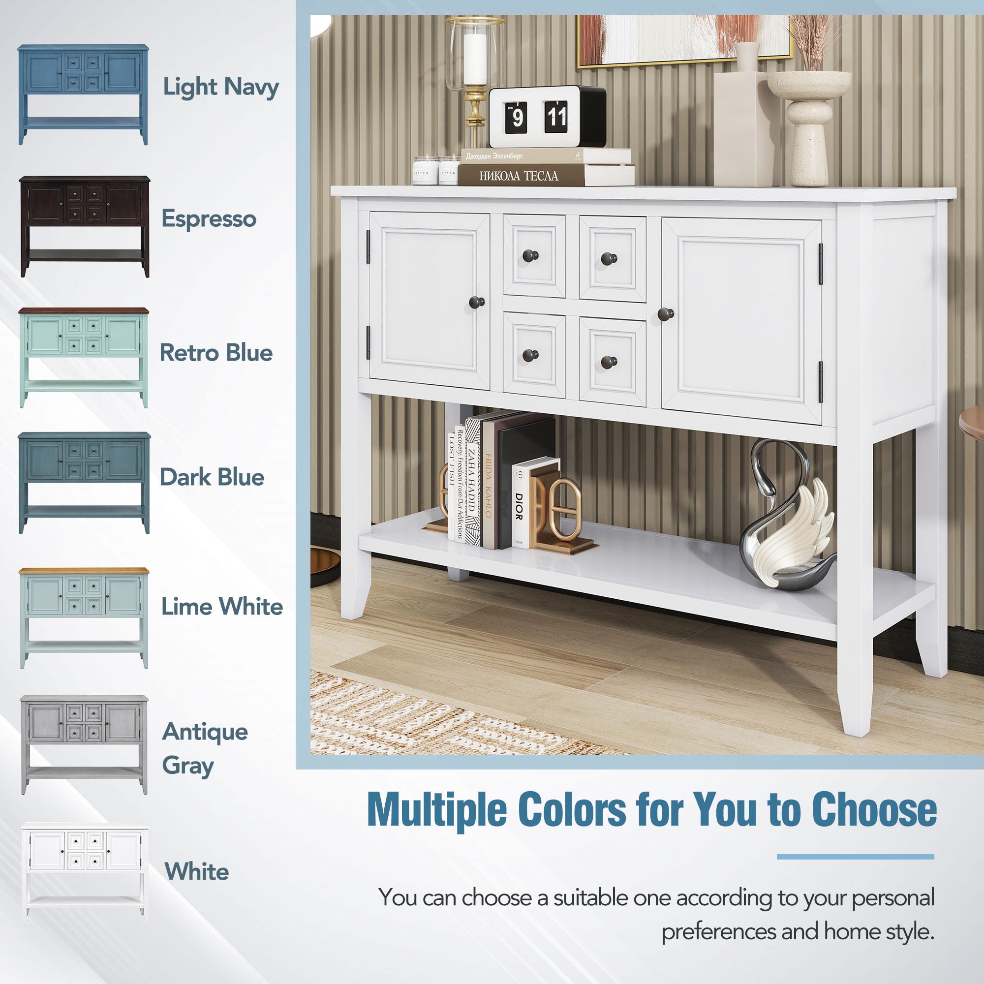 TREXM Cambridge Series  Ample Storage Vintage Console Table with Four Small Drawers and Bottom Shelf for Living Rooms, Entrances and Kitchens (White, OLD SKU: WF190263AAA)