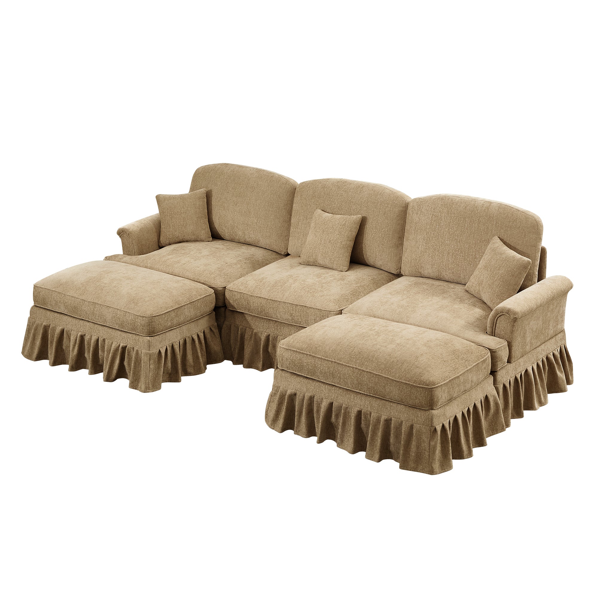 Classic Comfy Modular U Shape Sectional Sofa Couch with Flared Arms and Removable Ruffles Pleats Skirts and Spindle Legs, Upholstered Chenille Deep Seat Cloud Sofa with Movable Ottomans, Light Coffee