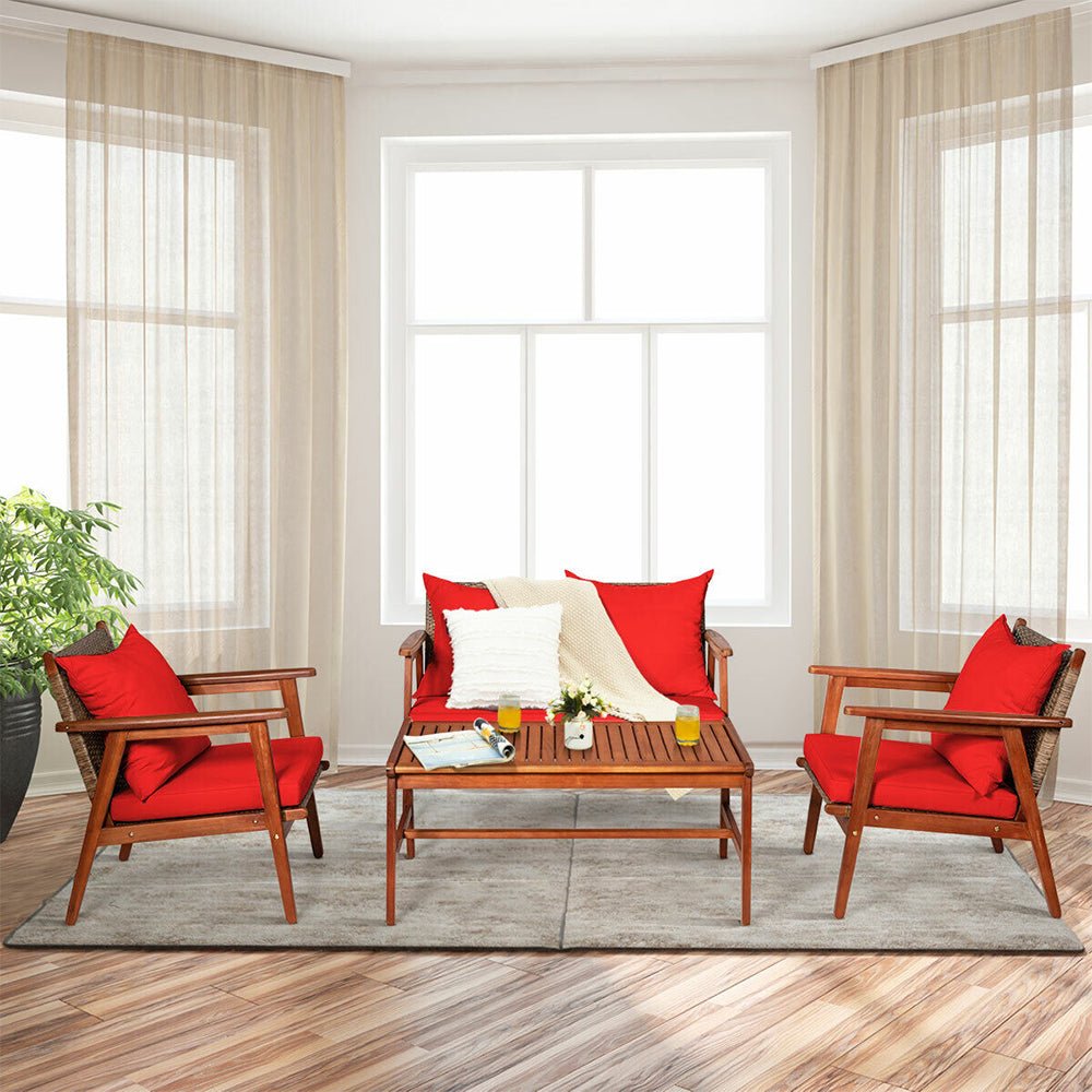 8PCS Patio Rattan Furniture Set With Acacia Wood Frame & Cushioned Sofa Chairs (97415280)