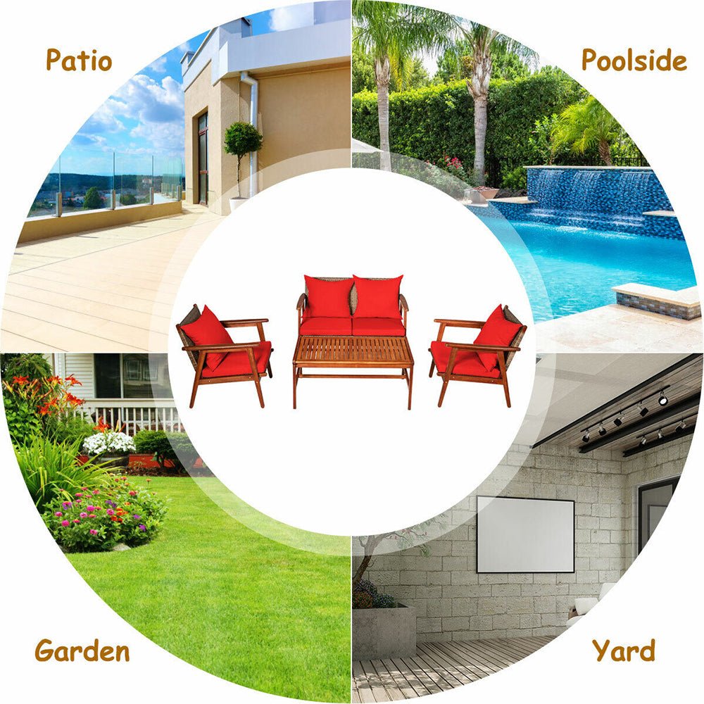 8PCS Patio Rattan Furniture Set With Acacia Wood Frame & Cushioned Sofa Chairs (97415280)