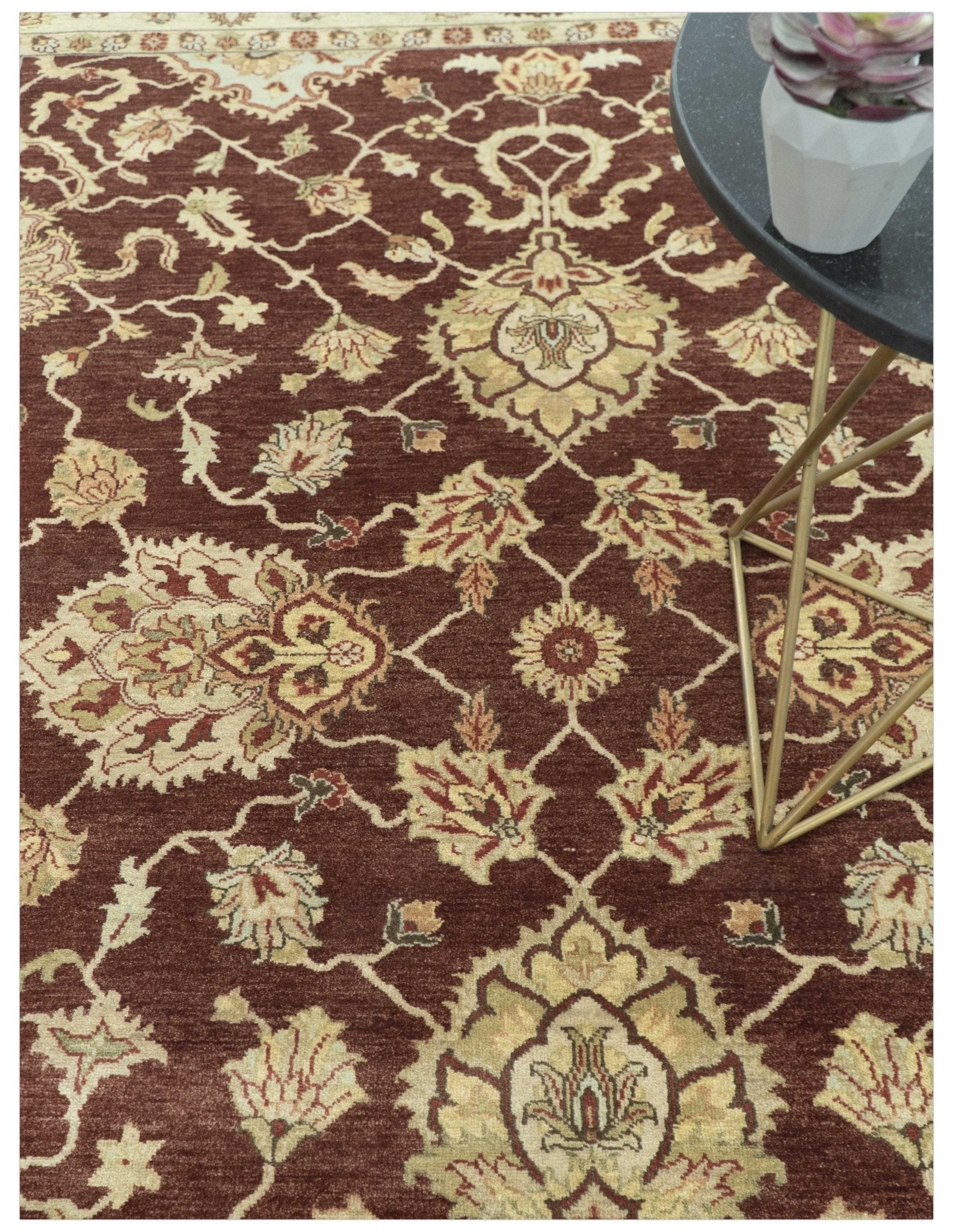 8X10 Fine Hand Knotted Rust And Gold Traditional Design Wool Rug