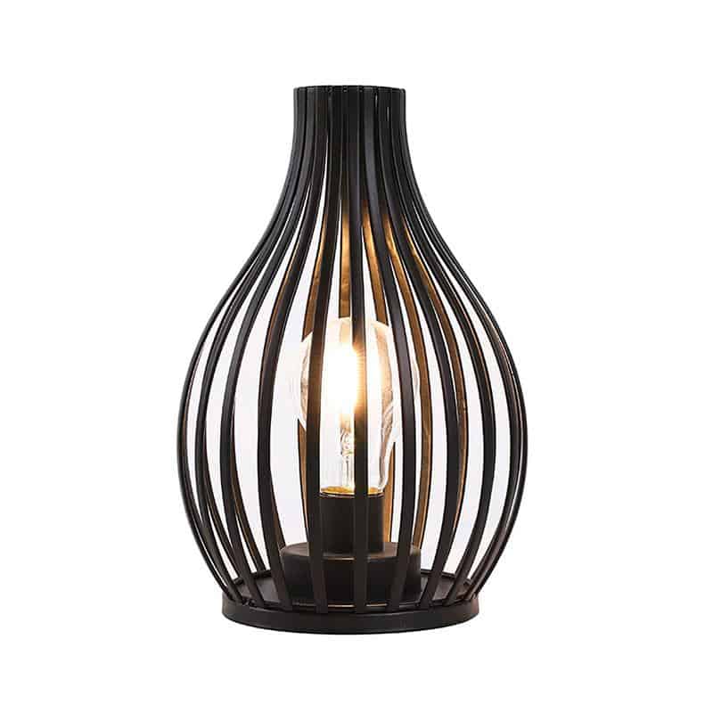 9.5-inch battery-powered table lamp with black metal cage and exposed bulb.