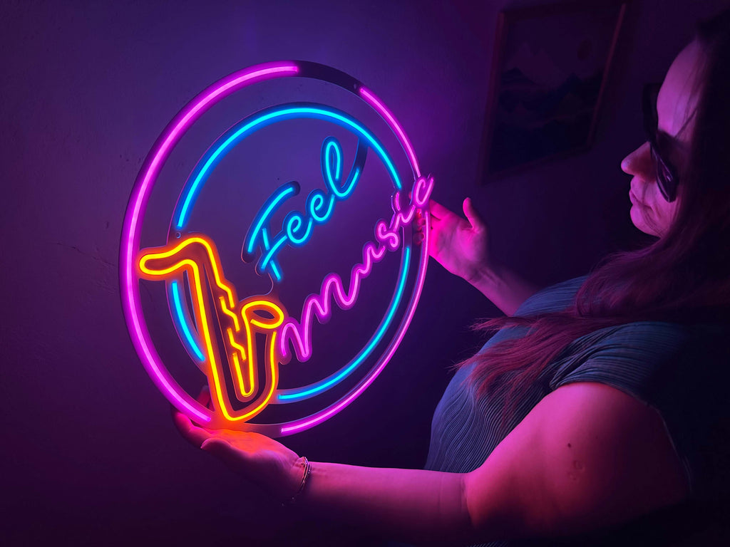 Feel Music Neon Metal Sign, Neon Wall Decor