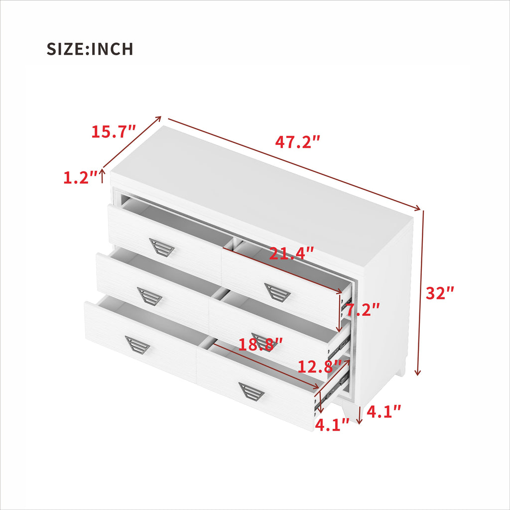 Elegant Dresser with Metal Handle and Sparkling Shiny Decoration, Storage Cabinet with 6 Drawers for Bedroom, Living Room, White