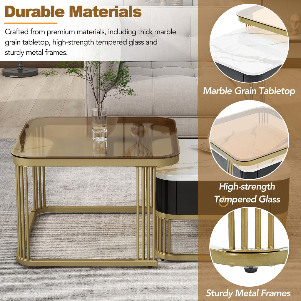 ON-TREND Nesting Coffee Table with Drawer, Set of 2, Exquisite Square Stacking Coffee Tables with Brown Tempered Glass, Side Table with High Gloss Marble Grain Tabletop for Living Room, Black