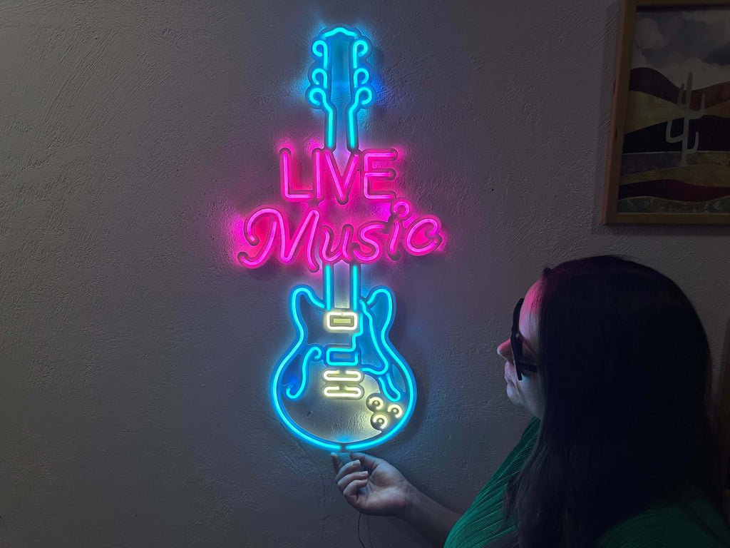 Live Music Guitar Neon Metal Sign