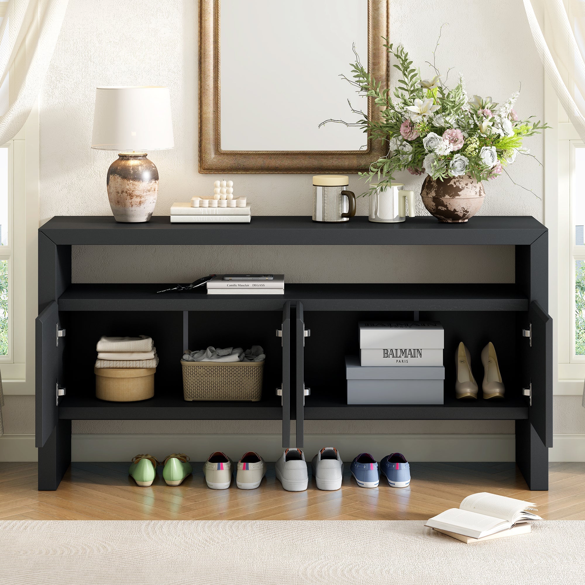 U_Style 60' 4-Door Sideboard, Modern Minimalist Solid Wood Veneer Sideboard with Open Shelf, Natural Wood Grain, Large Capacity Storage Console for Living Room, Hallway, Dining (Black/Natural)