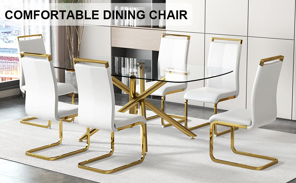 Large Modern Minimalist Rectangular Glass Dining Table with 0.39' Tempered Glass Top and Gilded Metal Legs for Kitchen, Dining Room, Living Room, Meeting Room, Ballroom 71' x 35.4' x 30'.