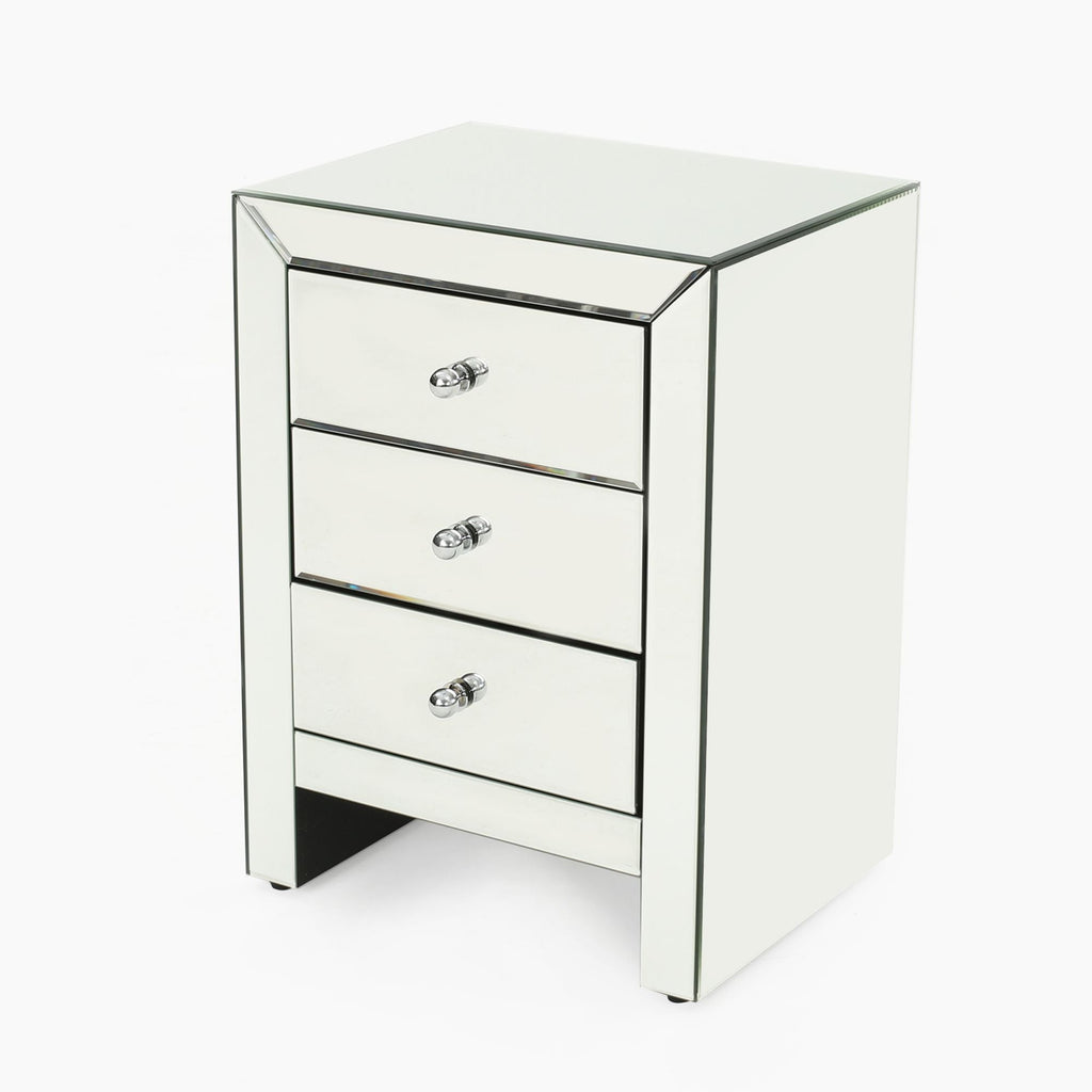 17.70'' Mirrored Nightstand, Silver Glass Nightstand With 3 Drawers, Small Bed Side Tables, Mirrored End Table, Bedside Accent Table Dresser Furniture For Bedroom, Living Room, Office