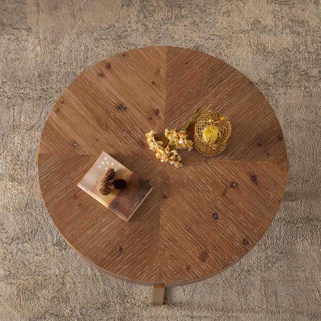 33.86"Modern Retro Splicing Round Coffee Table,Fir Wood Table Top with Gold Cross Legs Base(Same SKU:W757126236)