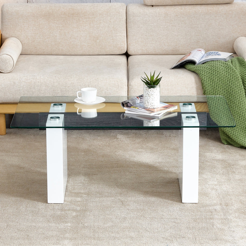 Modern minimalist transparent tempered glass coffee table , paired with white MDF decorative columns. Computer desk. Game table. CT-1546