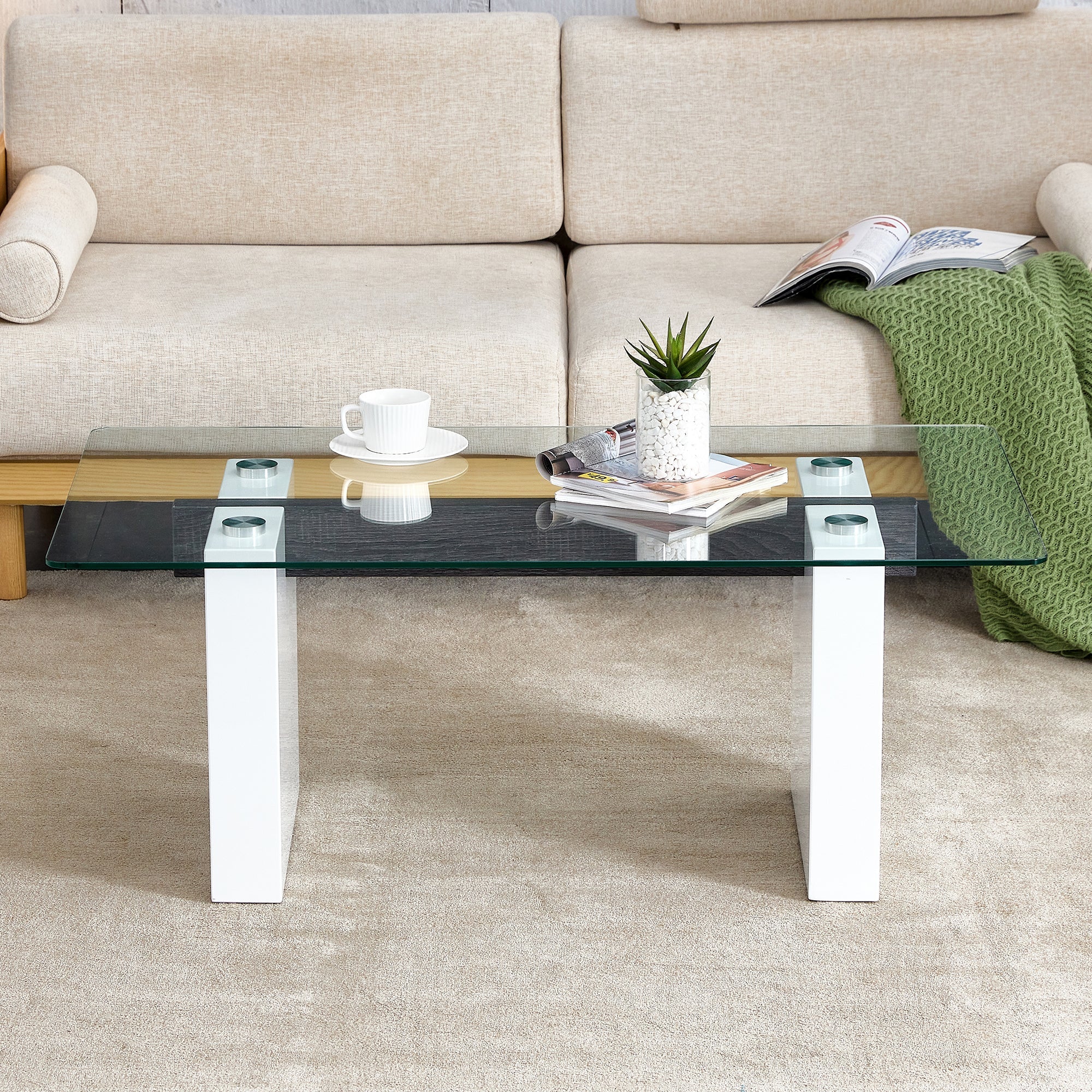 Modern minimalist transparent tempered glass coffee table , paired with white MDF decorative columns. Computer desk. Game table. CT-1546