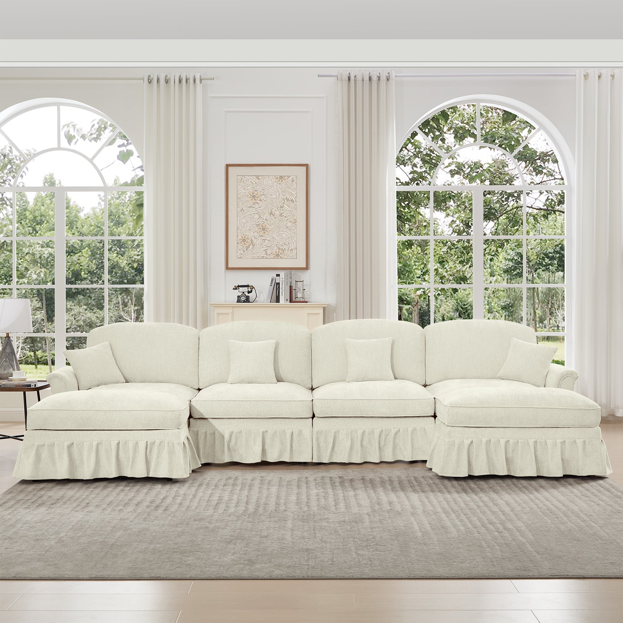 Classic Three Seater Modular L Shaped Sectional Couch with Flared Arms and Removable Ruffles Pleats Skirts and Spindle Legs, Comfy Chenille Four-Seat Deep Seat Sofa with Movable Ottoman, Beige White