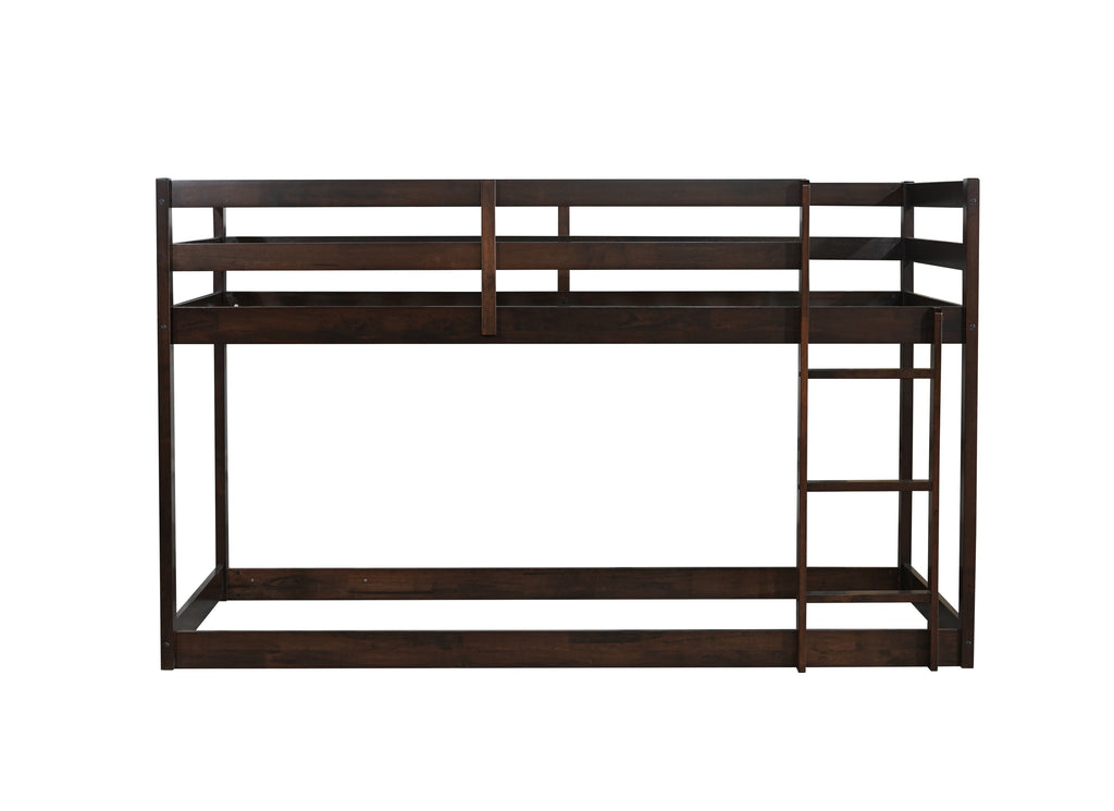Solid Wooden, Solid Rubber Wooden Twin over Twin Floor Bunk Bed with Ladder, with Bed Platform of Strengthened Slats  , Espresso
