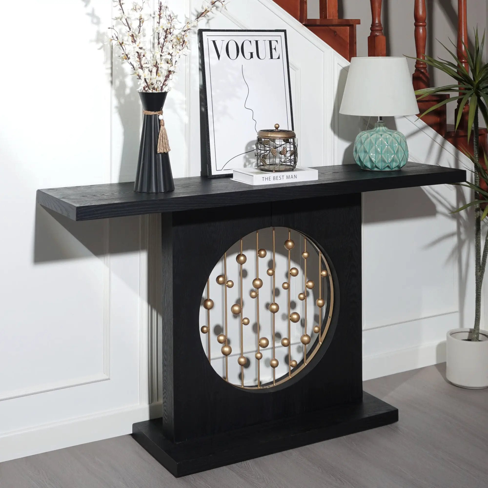Modern Black Console Table with Gold Accent, Decorative Entryway Table,56in Wood Console Table, Narrow Sofa Table for Entrance, Living Room, Hallway