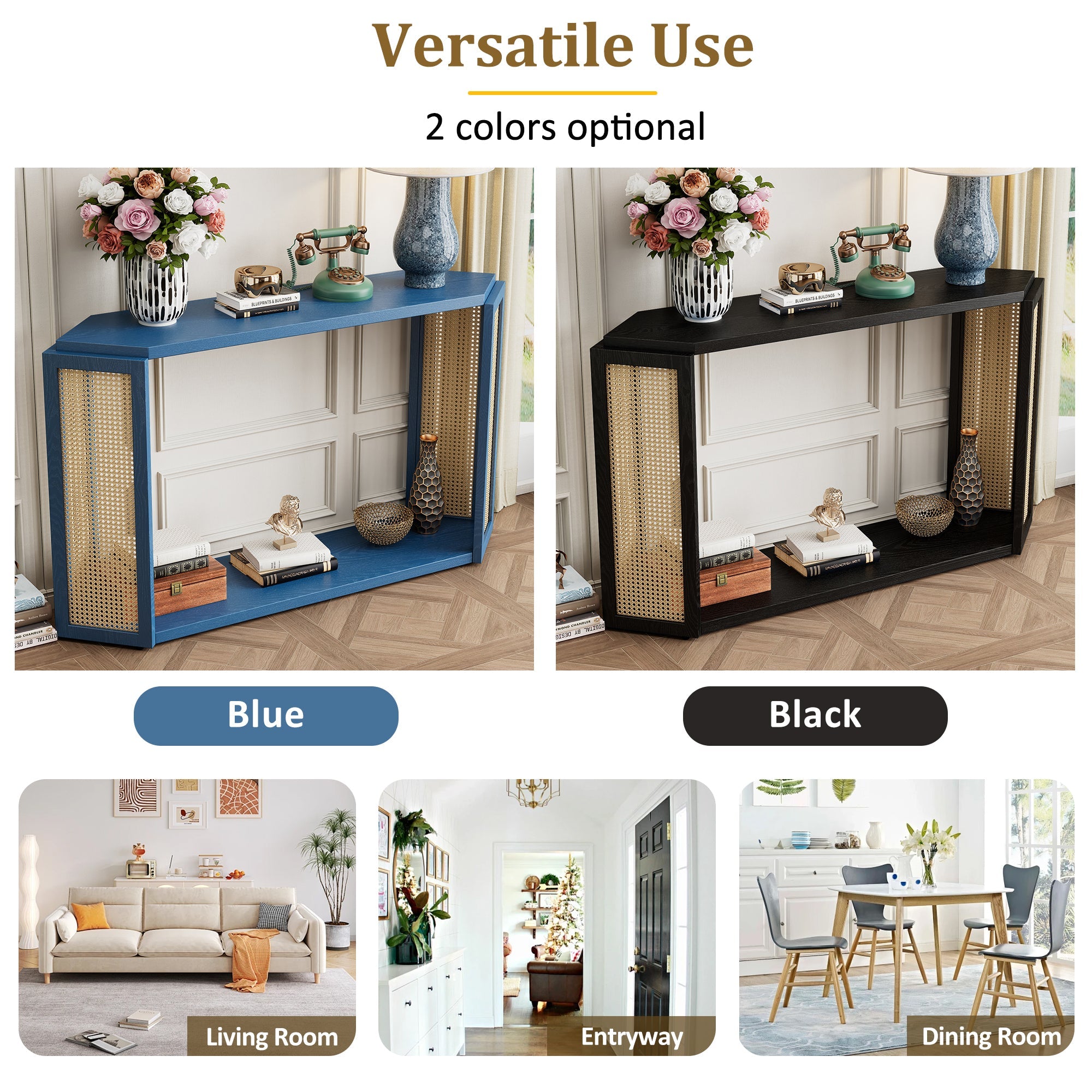 TREXM Narrow Console Table with Unique Irregular Top Design, Entryway Table with Open Shelf, Rattan Sofa Table for Living Room Hallway and Entrance (Black)