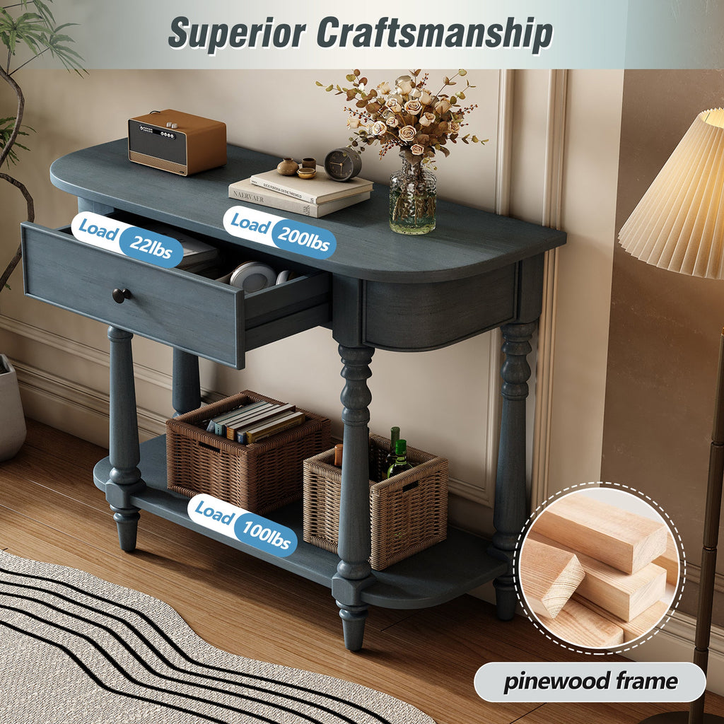 TREXM Narrow Console Table with Curved Corner, Retro Entryway Table with Top Drawer and Open Shelf, Sofa Table Console Tables for Entryway, Hallway and Living Room (Navy)