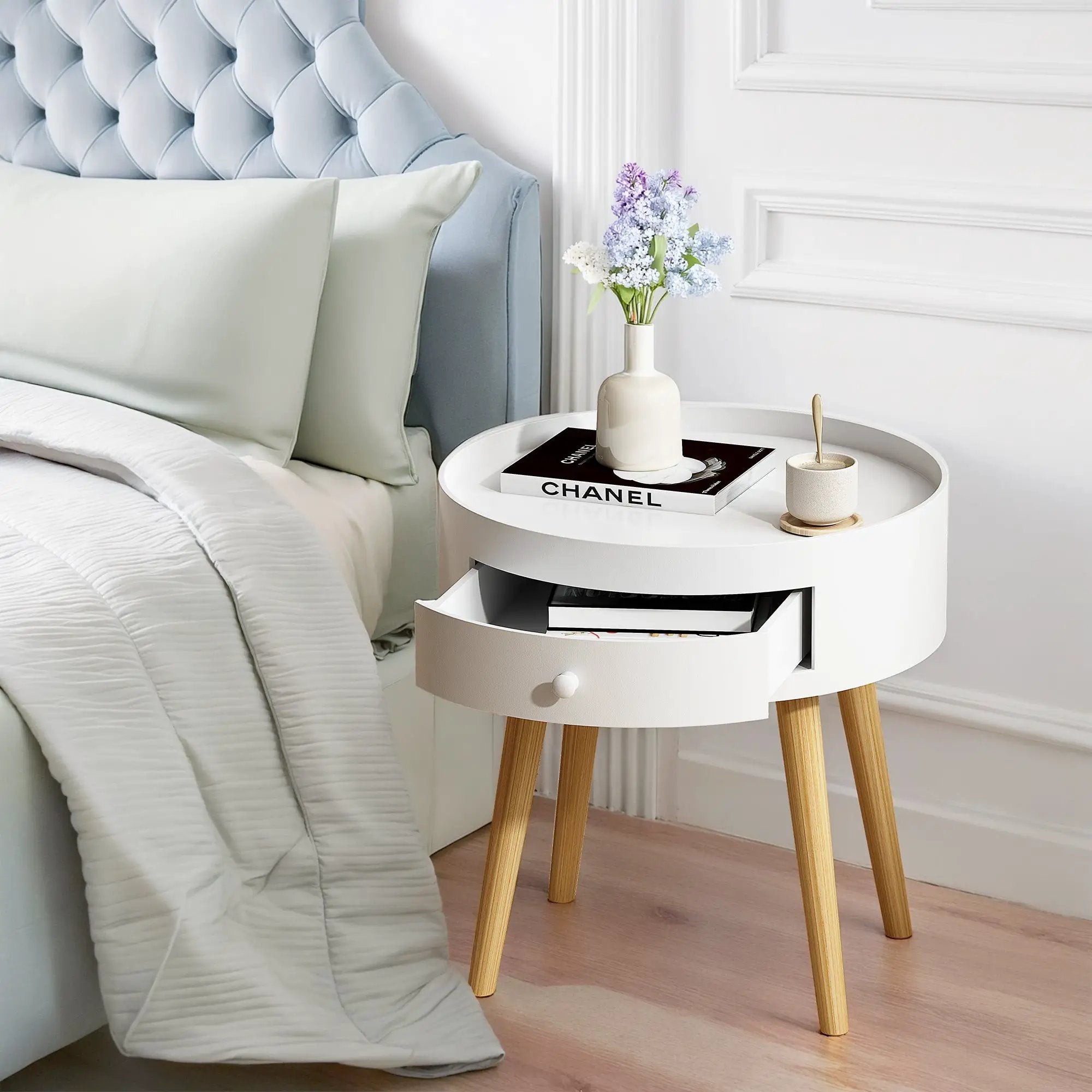 18"H Nightstand with Storage Drawer & Oak Legs Bedside Table, Sofa Side Coffee Table for Bedroom, Living Room, White