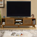 67.9 Inch Mid Century Modern Rattan TV Stand for TVs up to 75', Entertainment Cabinet, Media Console for Living Room Media Room, Solid Wood Feet & Rattan Cabinet Doors - Light Walnut