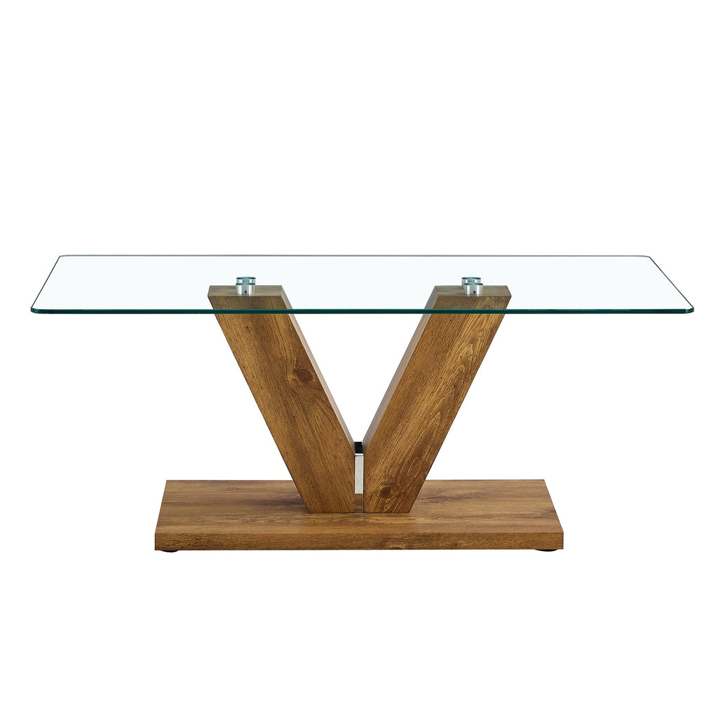 A modern minimalist style coffee table. Transparent tempered glass tabletop with wooden MDF columns. Suitable for living room and dining room.  CT-V