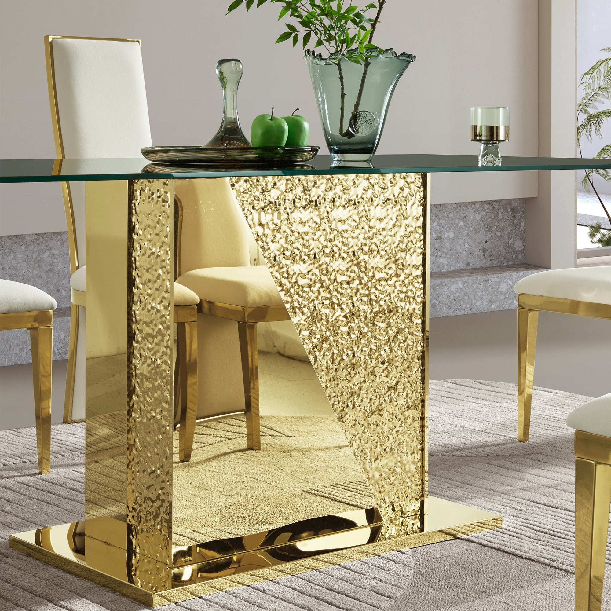 Gold stainless steel legs dining table  70.08 inch black  tempered glass top