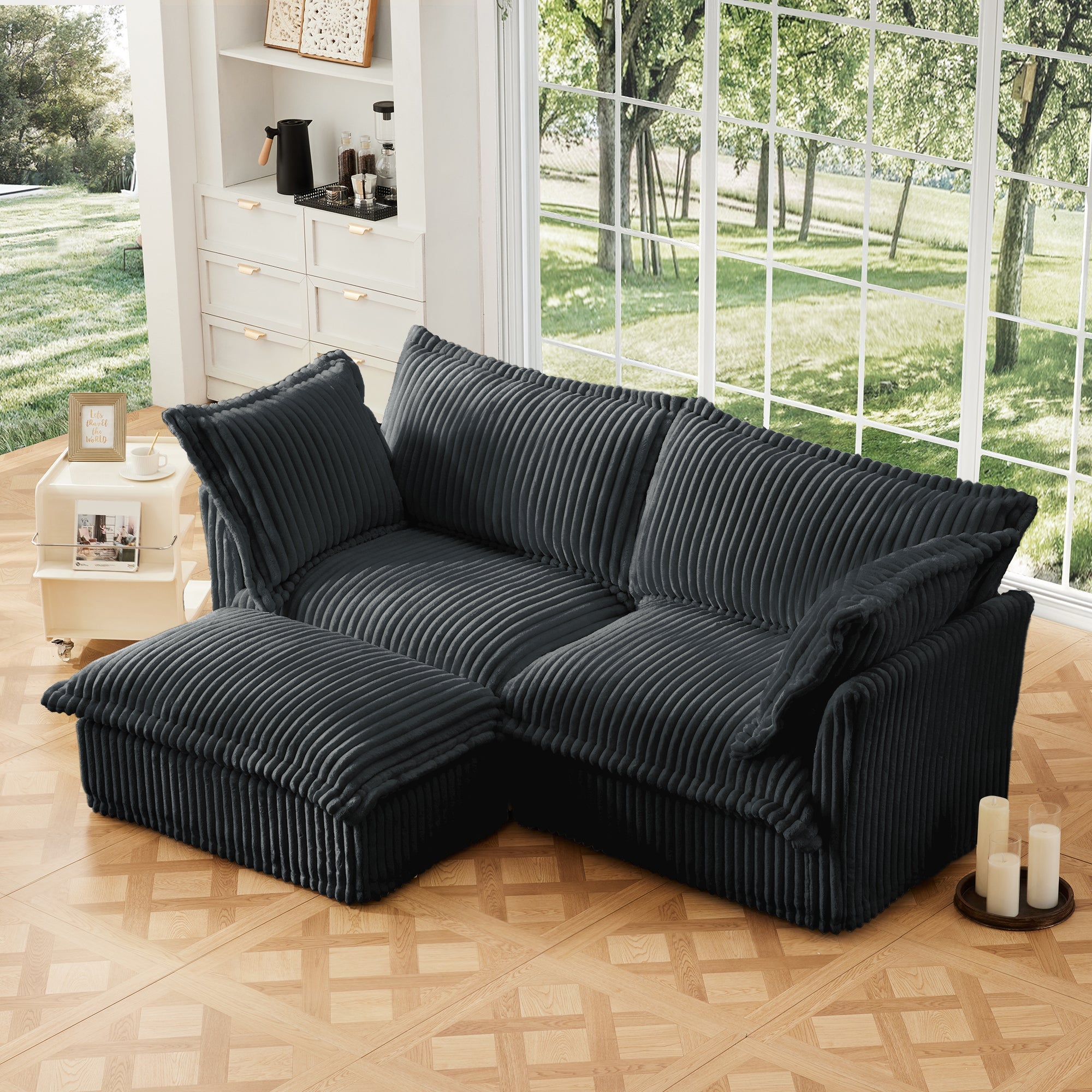 Slipcovered Sectional 2 Seater Sofa Couch with Convertible Ottoman, Wide and Deep Seat L Shaped Sofa with Detachable Cover and Soft Multiple Big Pillows,Gray Corduroy Fabric