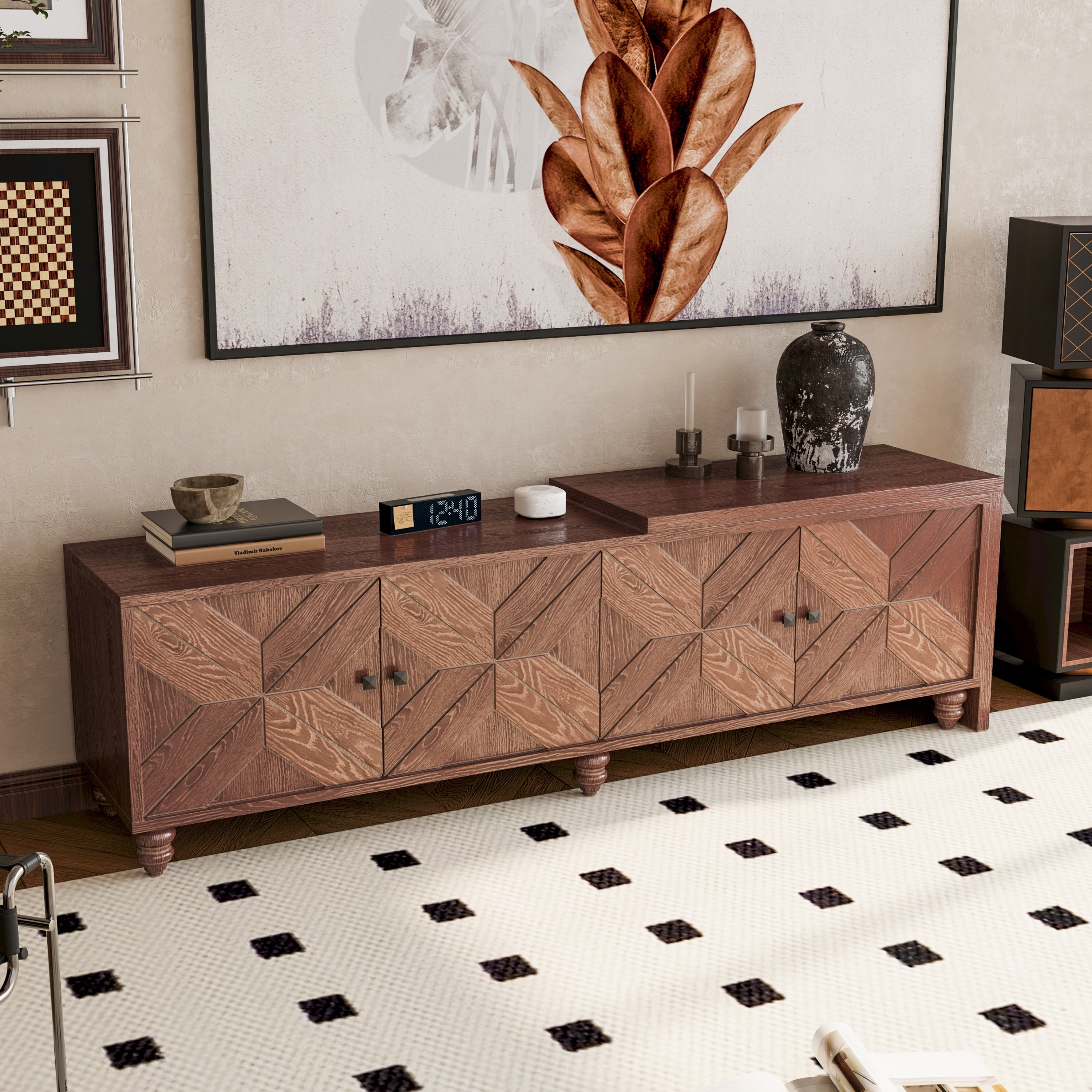 70'-90' Extendable TV Cabinet, Modern Entertainment Center with Storage and Adjustable Shelves, Mid 
Century Lacquered and Real Wood Veneered TV Console for Living Room, Hallway, Entryway, Walnut