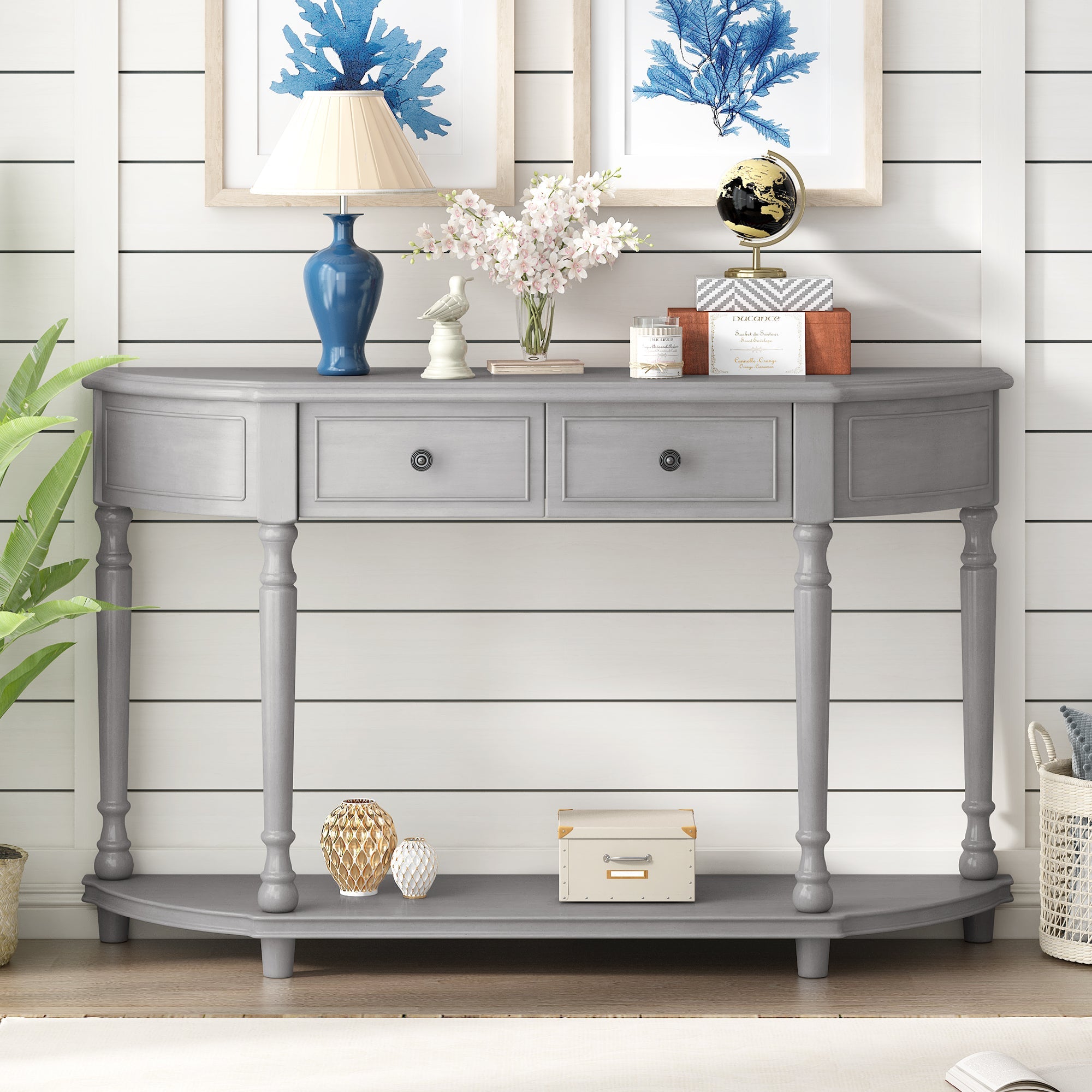 TREXM Retro Circular Curved Design Console Table with Open Style Shelf Solid Wooden Frame and Legs Two Top Drawers (Gray Wash, OLD SKU: WF298768AAE)