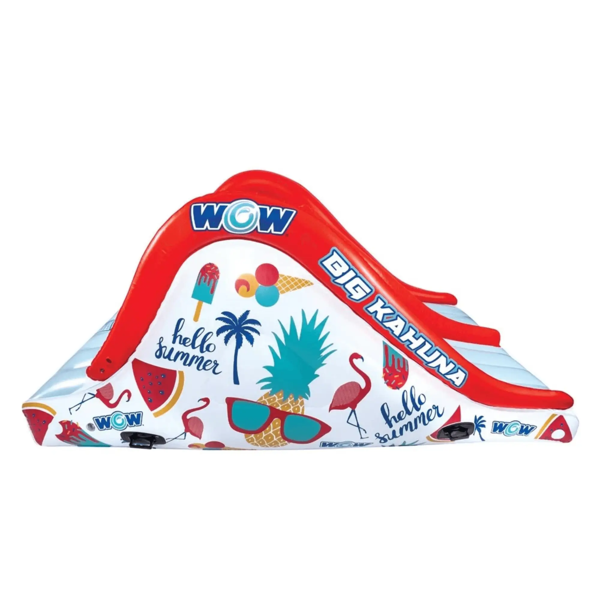 WOW Watersports Big Kahuna 2-Lane pool or ground slide, red inflatable with tropical graphics and WOW logos.