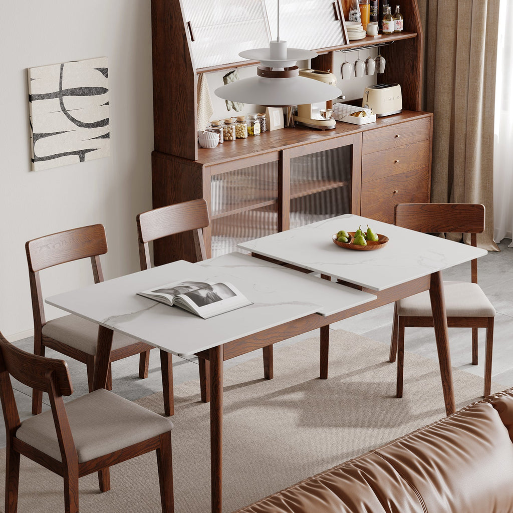 Walnut Solid Oak and White Slate Telescopic Dining Table for 6-8 People, Wood (Walnut Color)