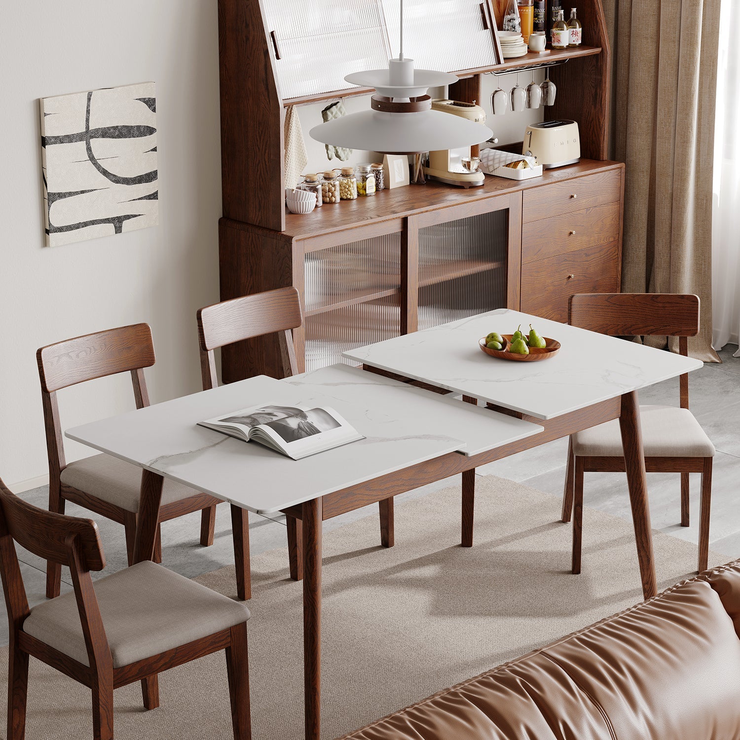 Walnut Solid Oak and White Slate Telescopic Dining Table for 6-8 People, Wood (Walnut Color)