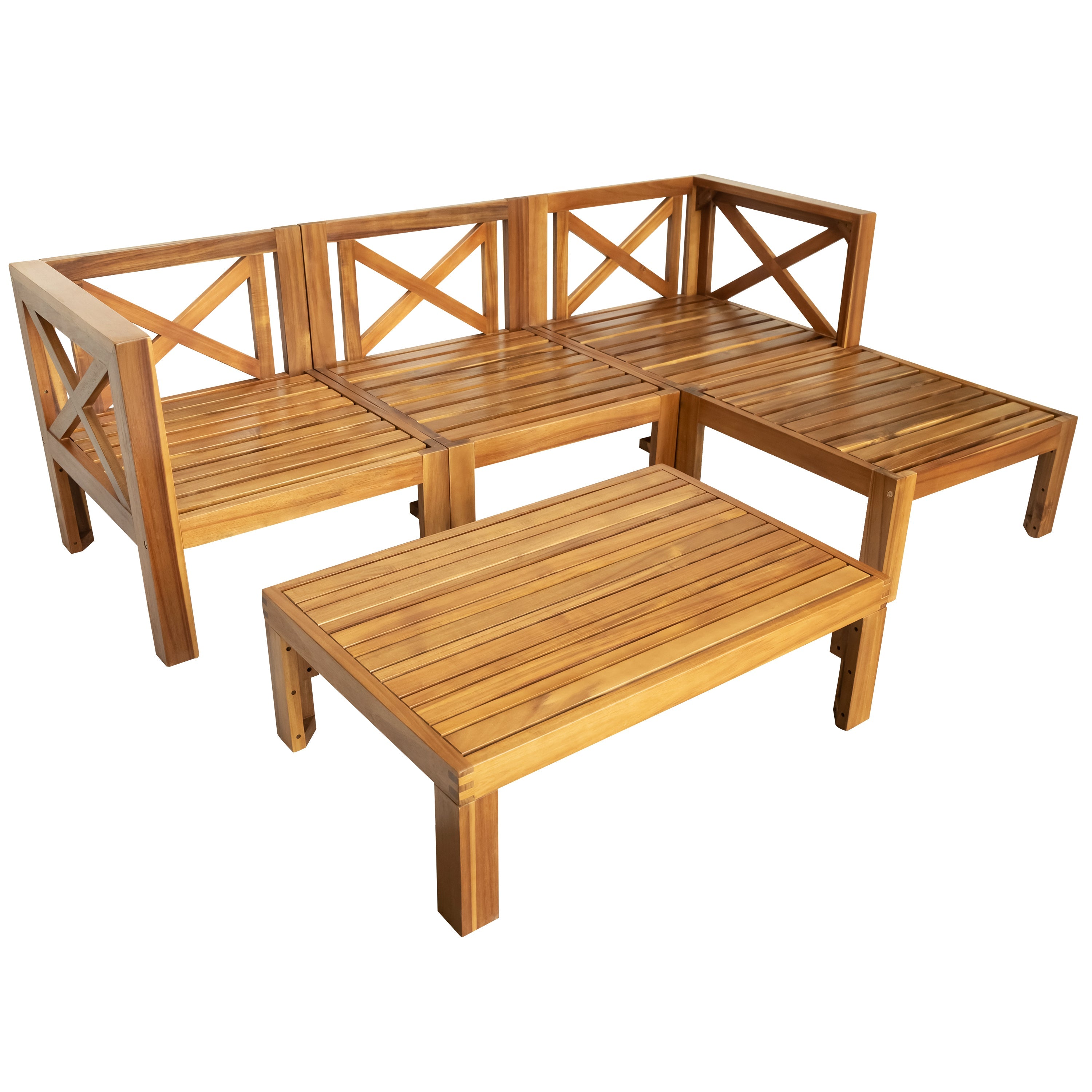 TOPMAX Outdoor Backyard Patio Wood 5-Piece Sectional Sofa Seating Group Set with Cushions, Natural Finish+ Beige Cushions