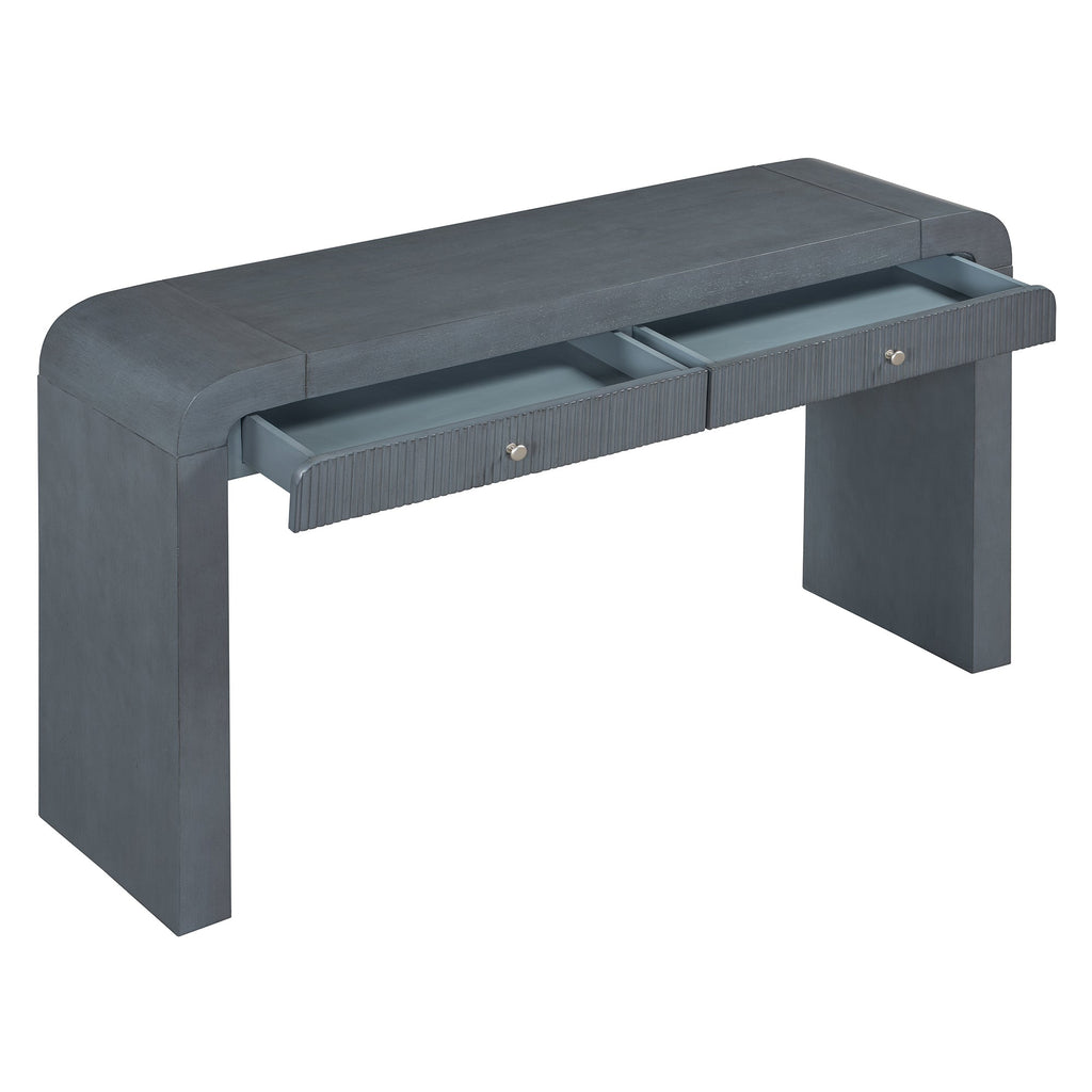 TREXM Rustic Console Table with Fluted Drawer Front, Entryway Table with Curved Corners & Thick Legs, Sturdy Sofa Table for Hallway & Living Room (Dark Navy)