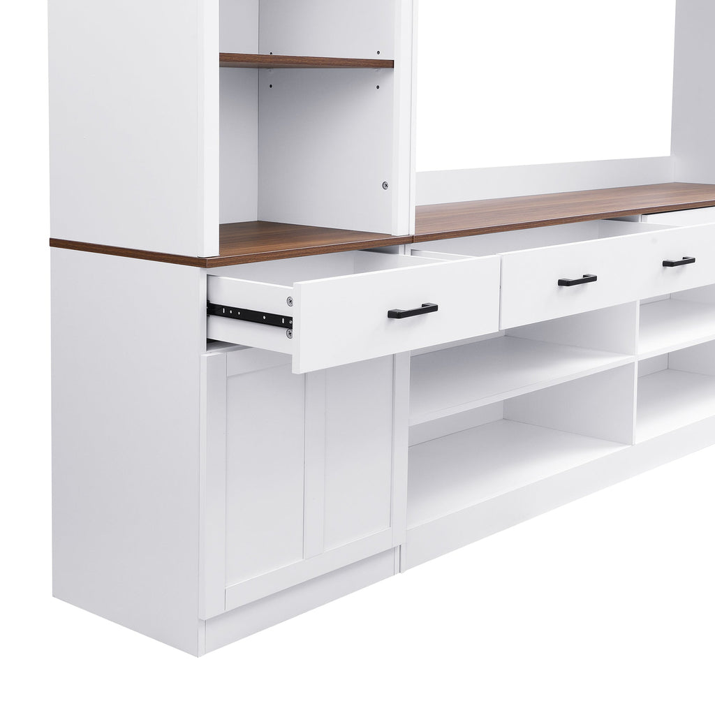 ON-TREND Farmhouse 4-Piece Entertainment Wall Unit Set with Bookshelf for TVs Up to 70', Walnut TV Stand with Adjustable Shelves, Mid-Century Large Media Console with Wine Rack for Living Room, White