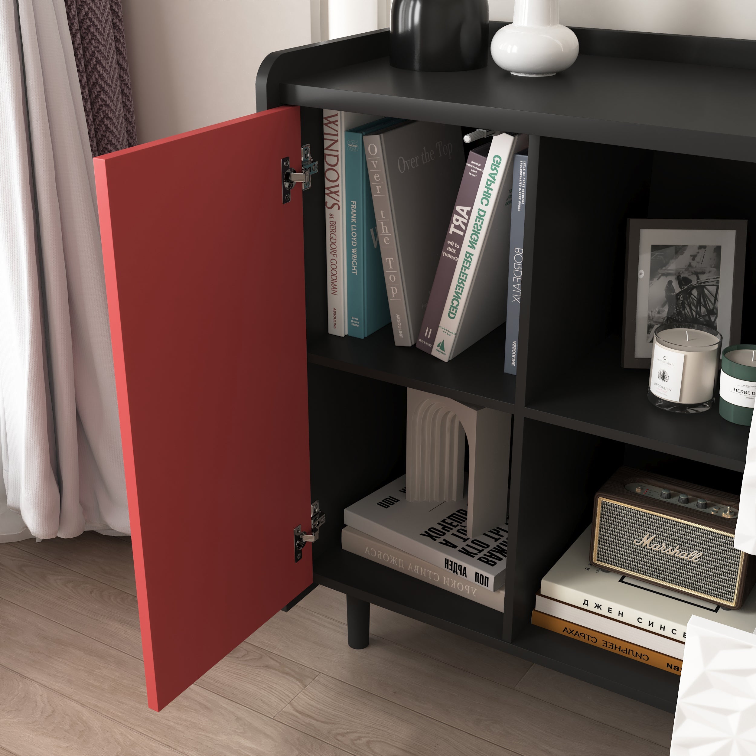 Sideboard Buffet Cabinet, Black Storage Cabinet with Red Doors , 2 Drawers with unique panel styling and 2 Open Storage Compartment, Modern Coffee Bar Cabinet Accent Cabinet for Kitchen, Dining Room,
