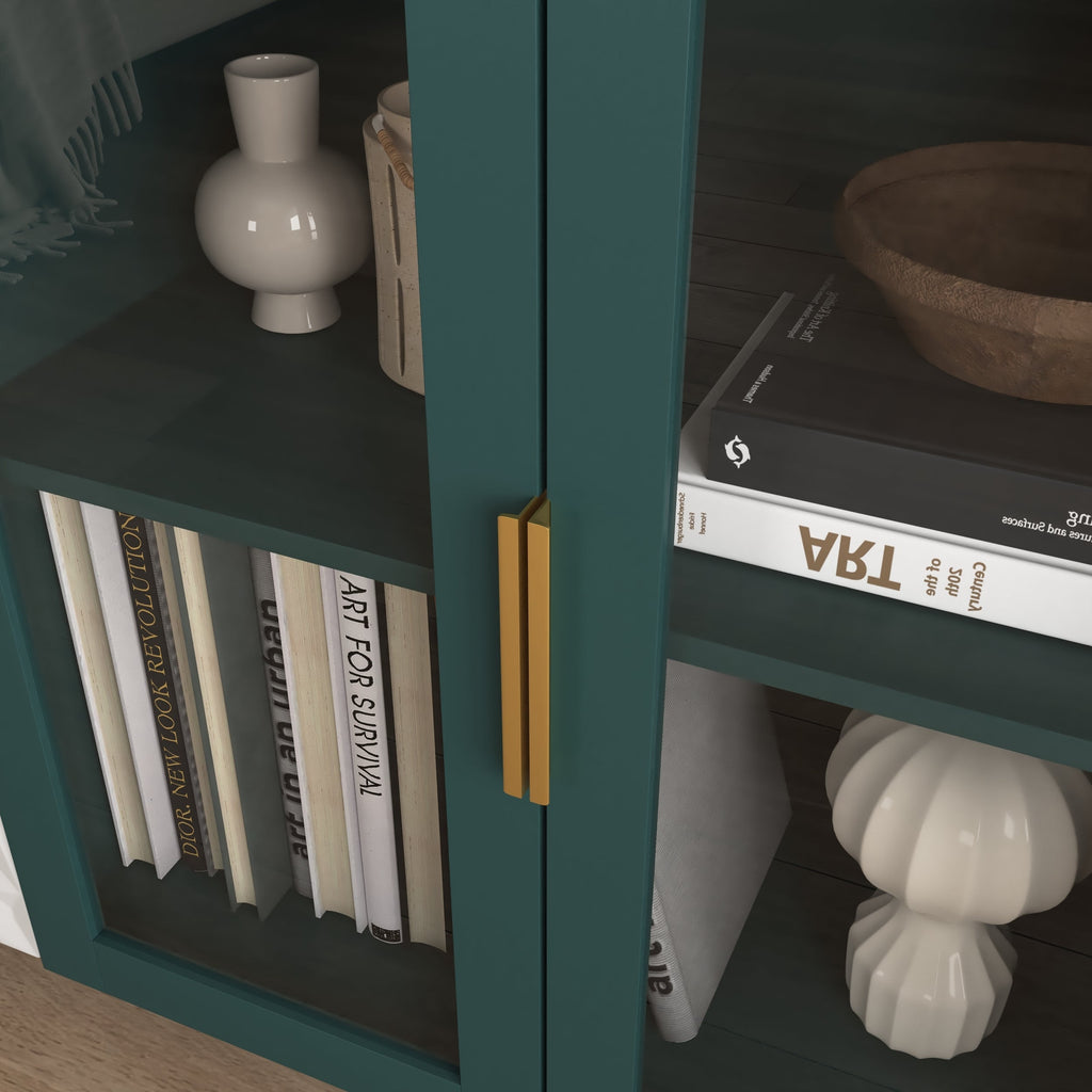 Modern Kitchen Pantry Storage Cabinet , 55" Coffee Bar Storage Cabinet with 2 Drawers, 2 Open Storage Compartment & 2 Glass Doors, Wood Buffet Table for Kitchen, Living Room, Green