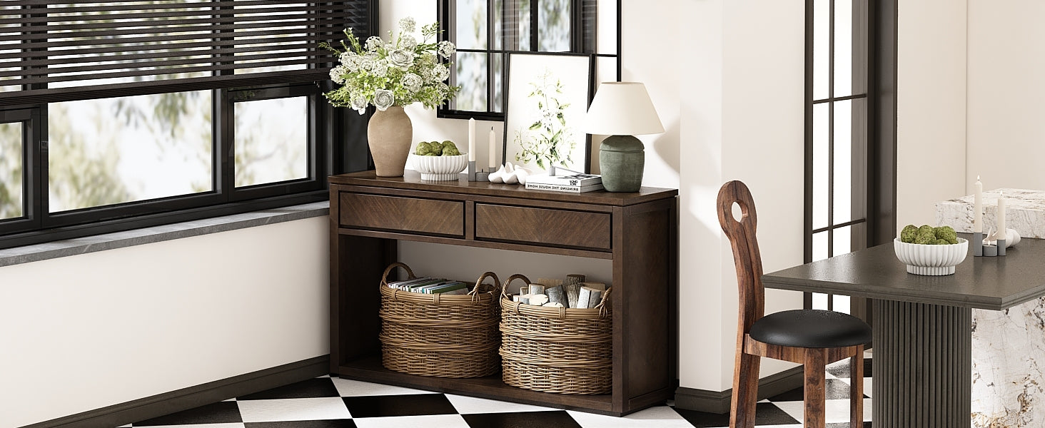 TREXM 55' Console Table, Rustic Wooden Entryway Table with Storage Drawers and Open Shelf, Elegant Sofa Table for Hallway and Living Room (Brown)