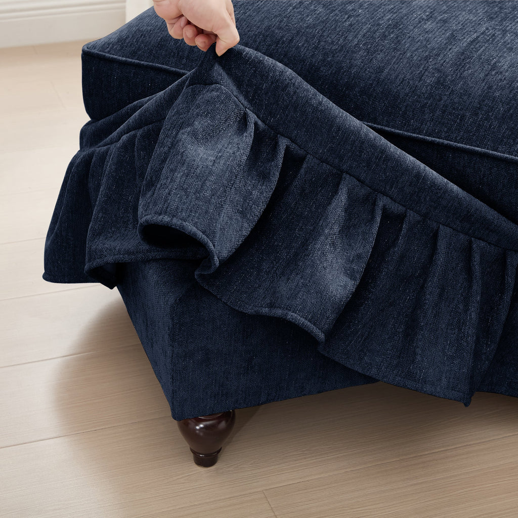Elegant Mid Century Large 4 Seater Sofa Couch with Flared Arms and Removable Ruffles Pleats Skirts and Spindle Legs, Comfy Chenille Four-Seat Sofa for Living Room, Blue